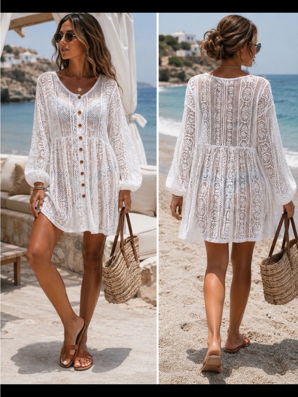 Women’s White Lace Button-Front Beach Cover-Up Tunic Crochet Lace Dress L